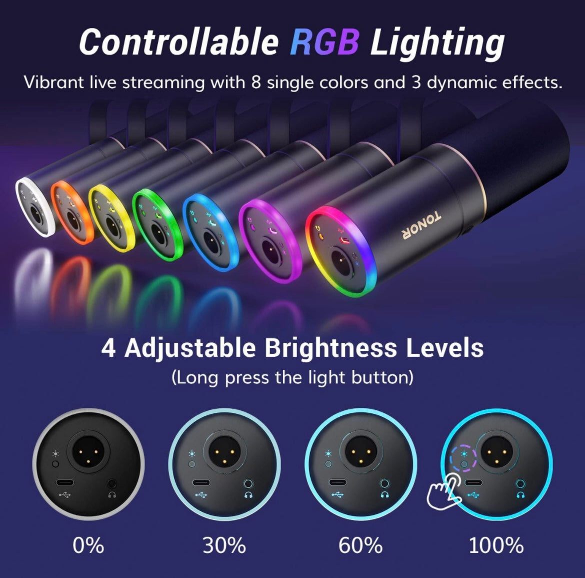 TONOR XLR/USB Gaming Mic, Dynamic Microphone for Podcast Recording Streaming with RGB Light