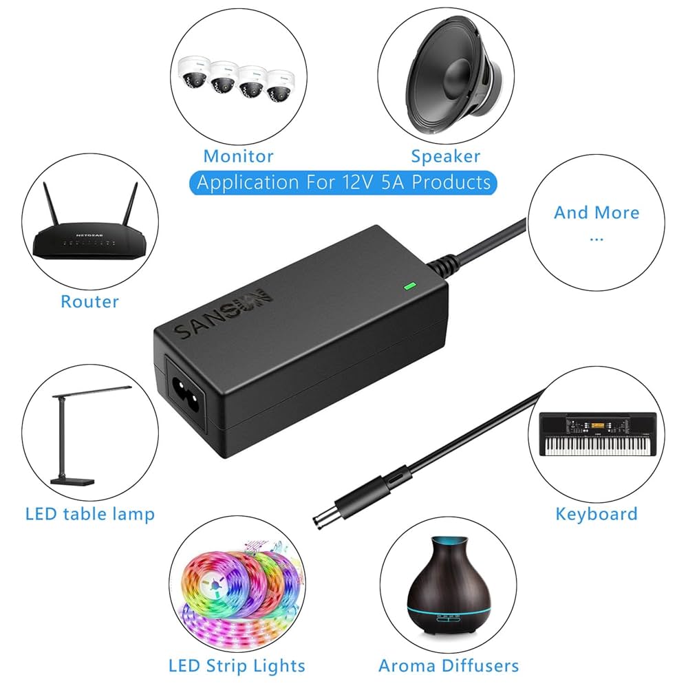 12V 5A Power Supply, AC 120V to DC 12V Converter 5.5x2.1mm Connector 60W