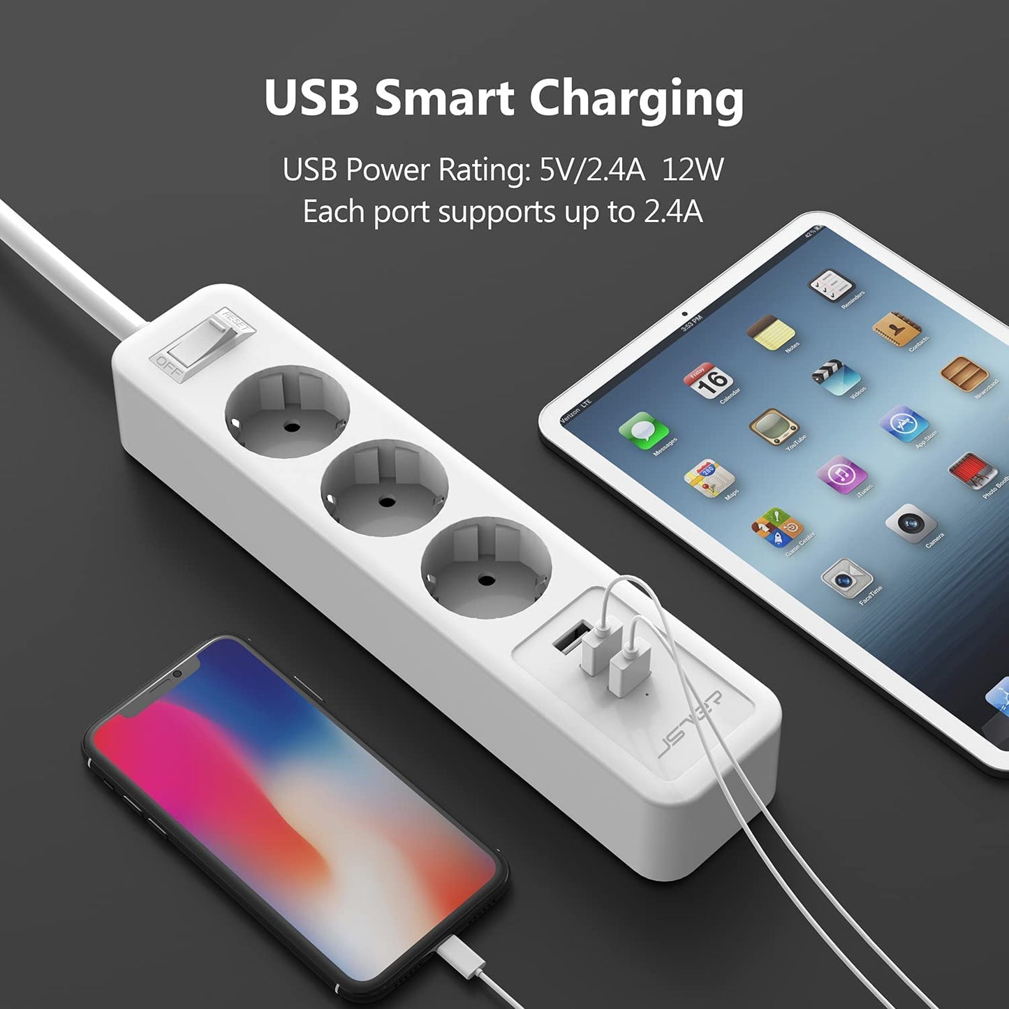 JSVER Power Strip 3 Compartments with 3 USB Charging Ports, Multiple Socket 5 m Wall Mounting Power