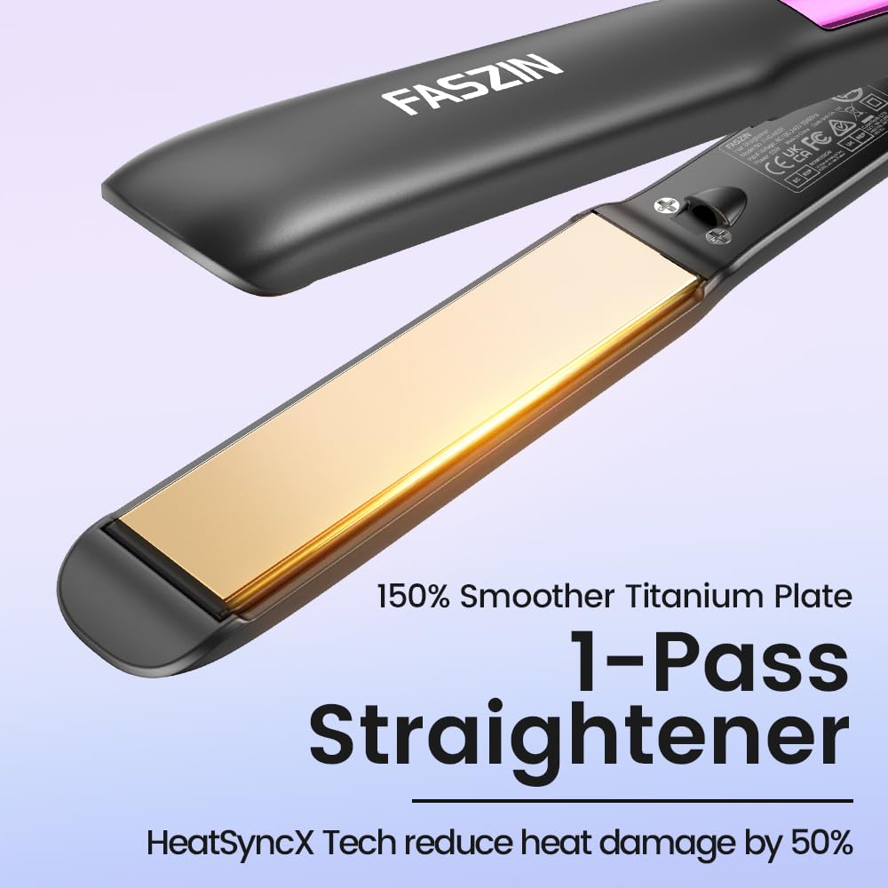 FASZIN Professional Hair Straightener, 1.18 inch Ionic Titanium Plate, 20S Fast Heat Up Flat Iron with Clear LED Display