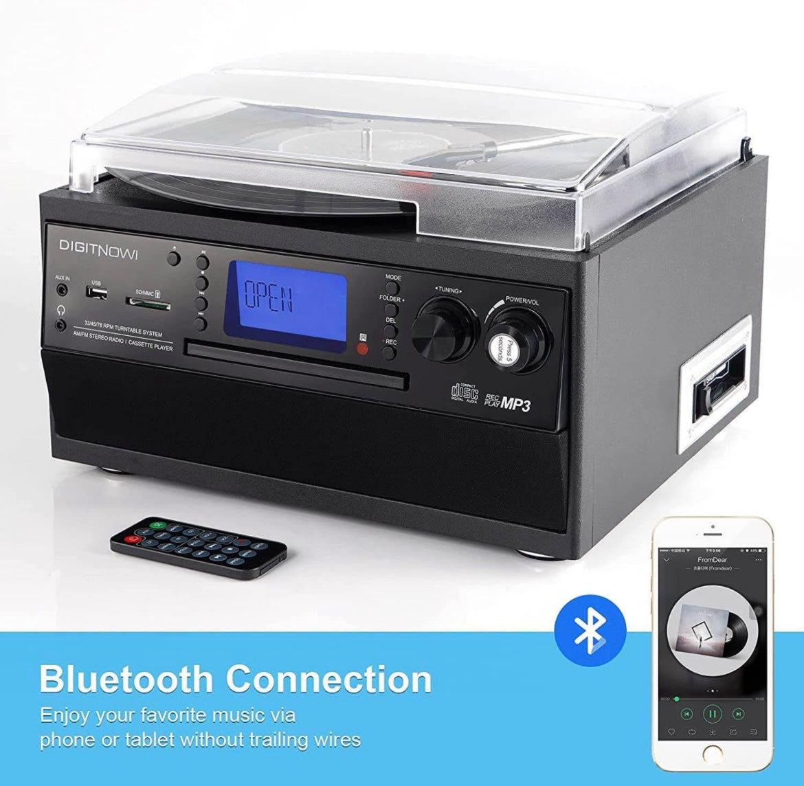 DIGITNOW Bluetooth Record Player Turntable with Stereo Speaker, LP Vinyl to MP3 Converter with CD