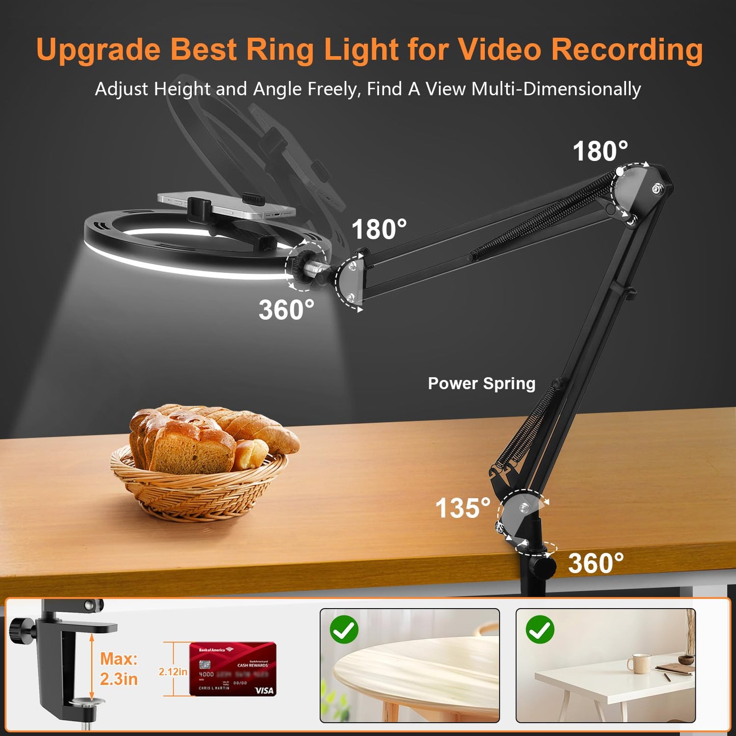 Evershop Upgrade Ring Light Overhead, Selfie Ring Light with Stand and Phone Holder,10”Circle LED