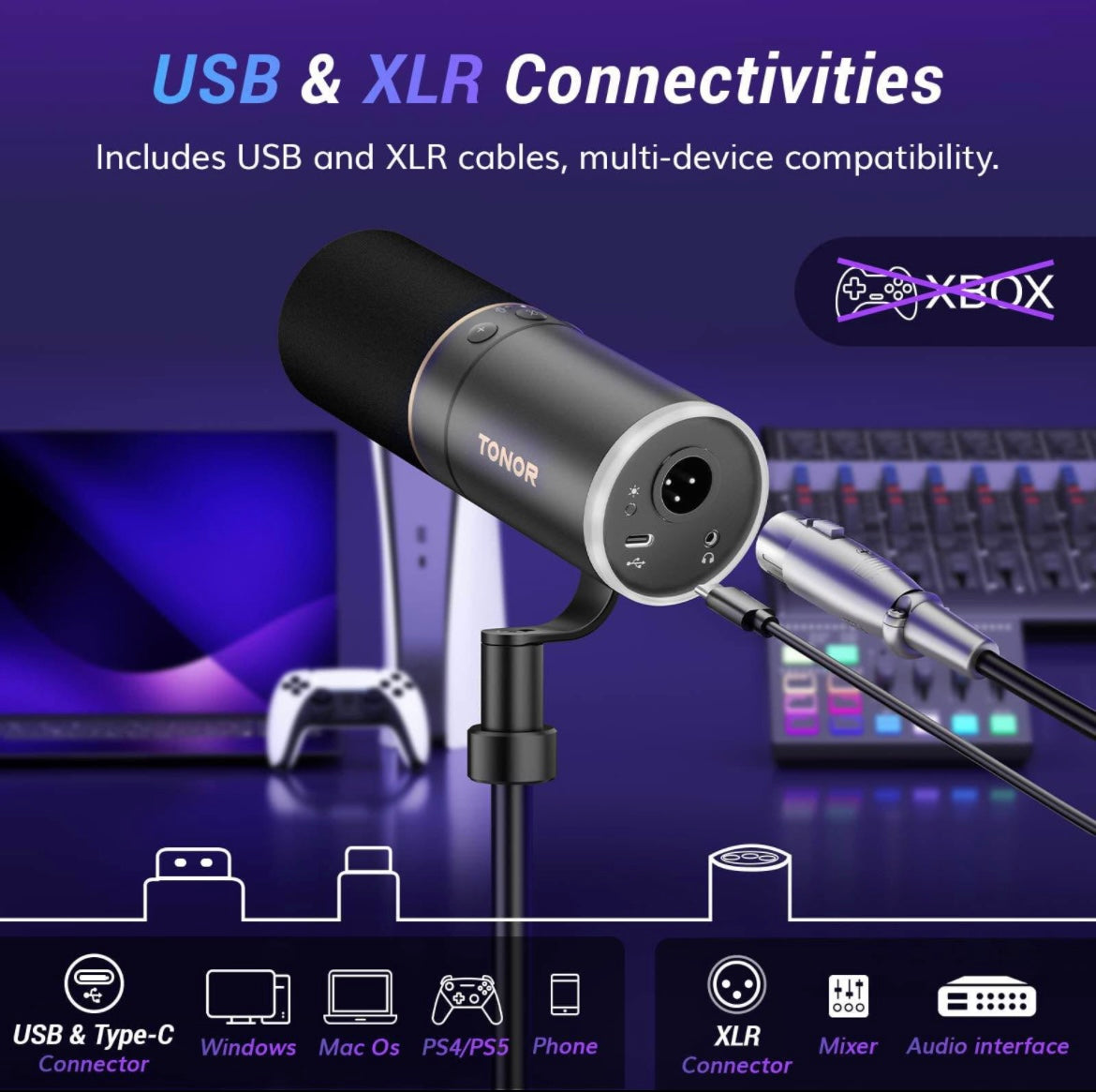 TONOR XLR/USB Gaming Mic, Dynamic Microphone for Podcast Recording Streaming with RGB Light