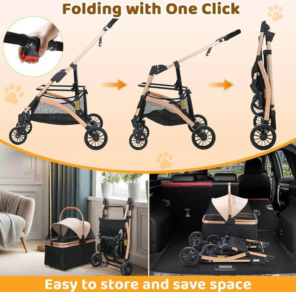 Dog Stroller, Foldable Pet Stroller, 3 in 1 Dog Cat Pushchair