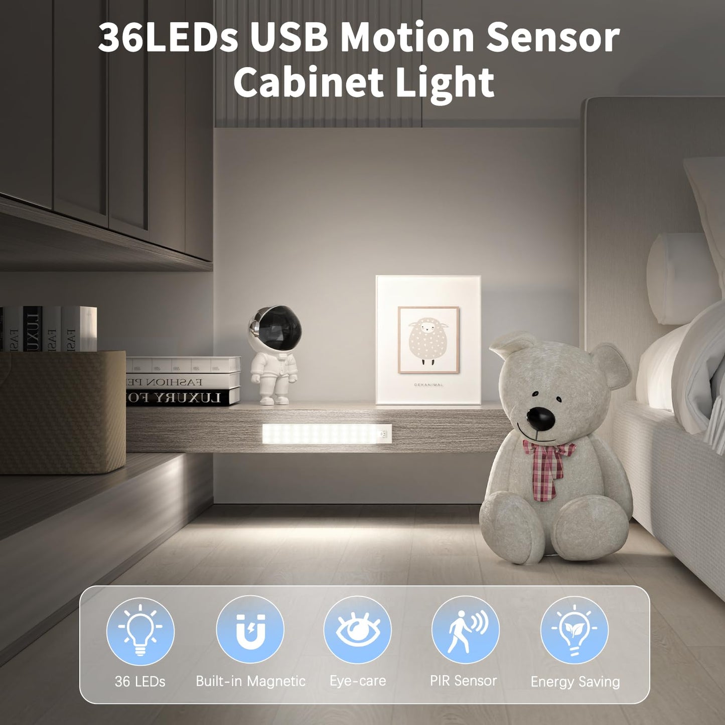 OUILA 2 Pack 36 LED Lights 1000mAh Magnetic USB Rechargeable Motion Sensor Lights