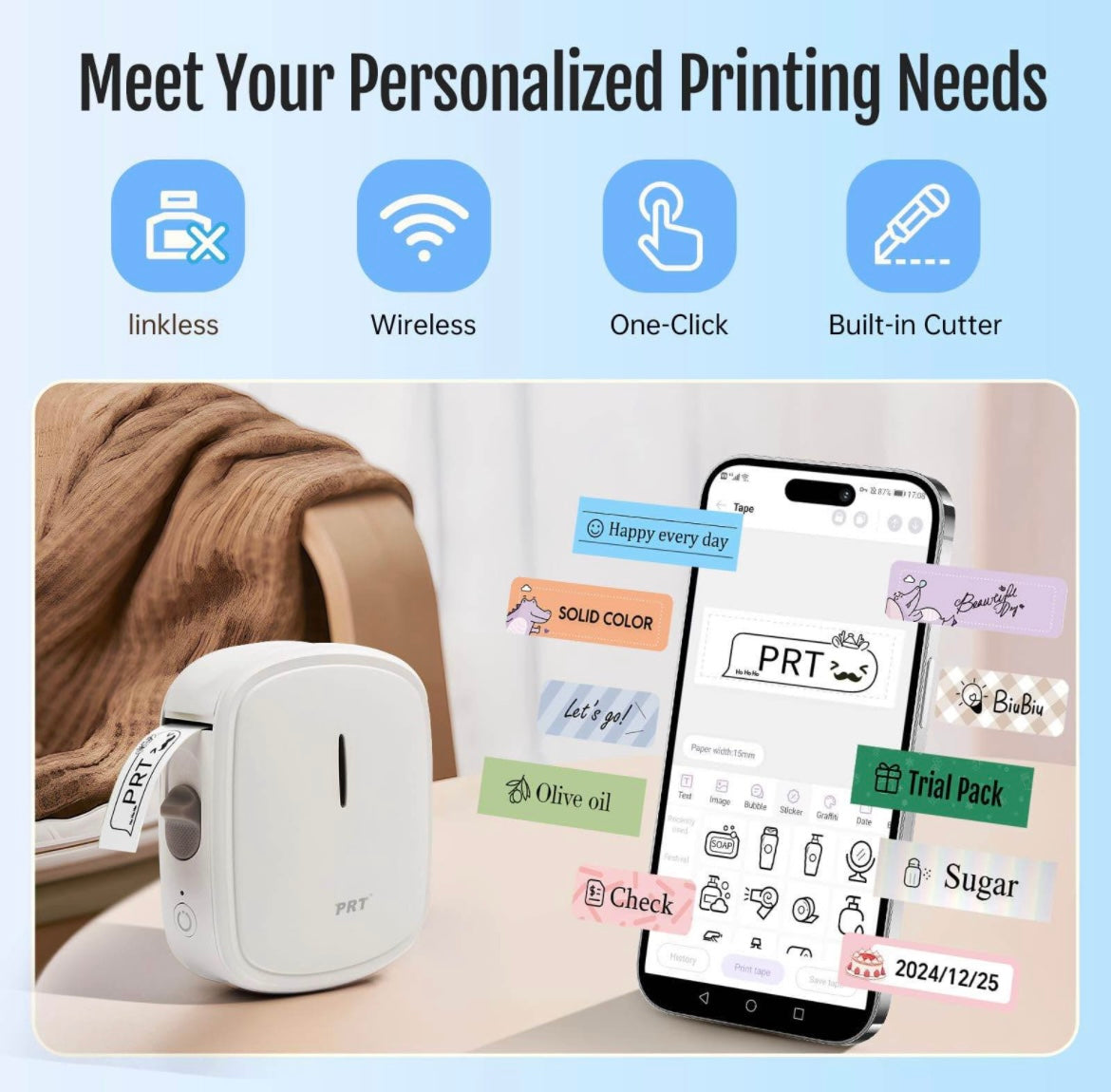 prt Qutie Bluetooth Label Maker Sticker, USB Rechargeable Label Maker