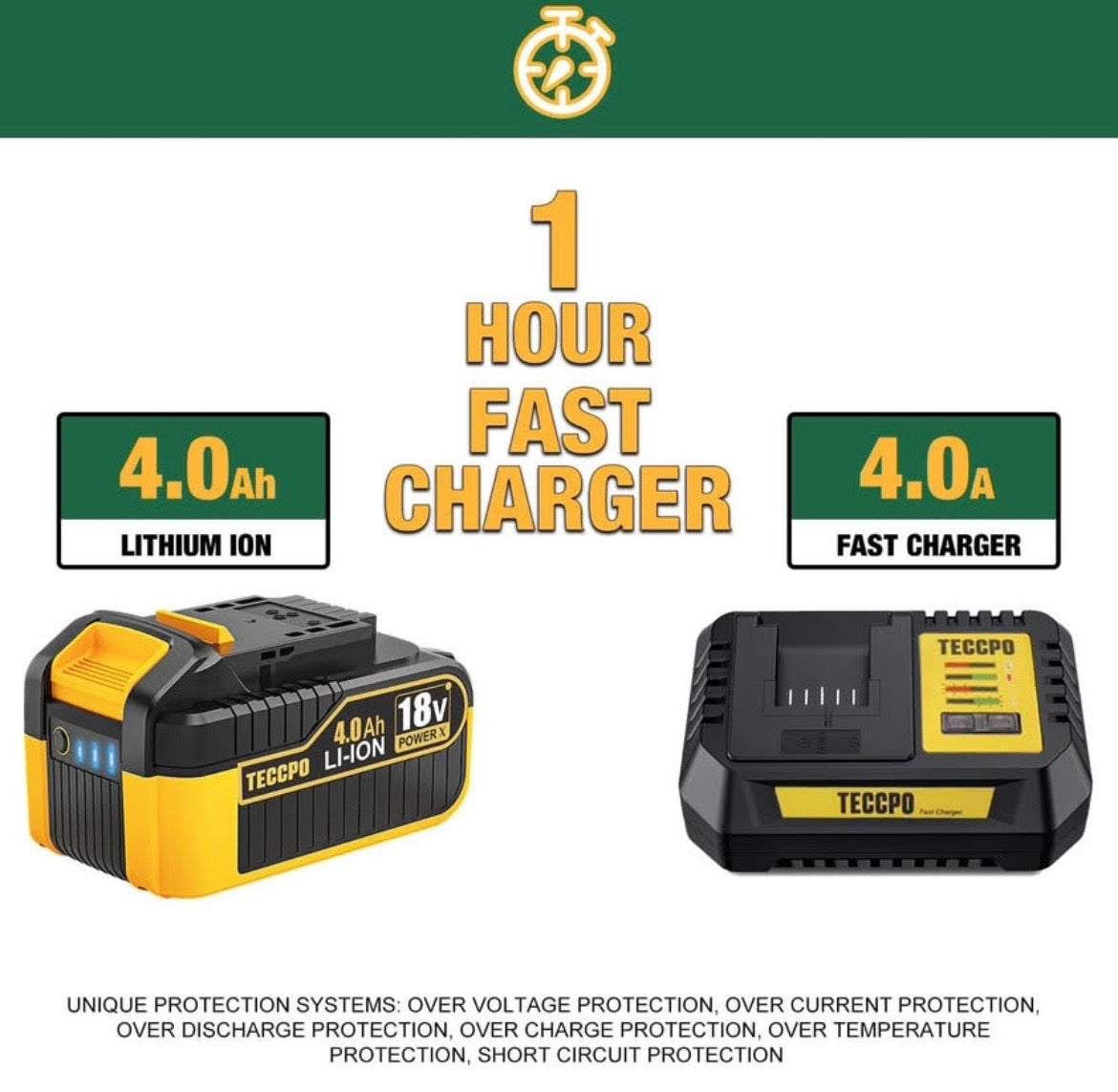 TECCPO 18V Battery Drill Driver 4.0Ah Lithium Battery with 4A Fast Charger, LED Light