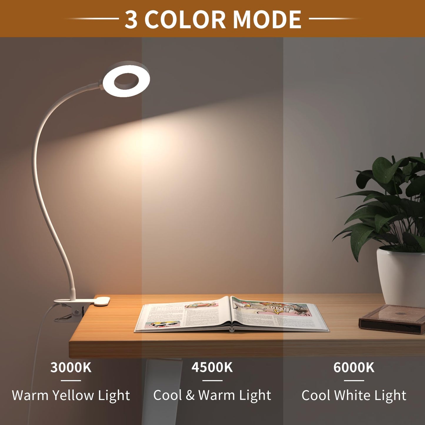 iZELL Book Light, Clip on Reading Light with Flexible Gooseneck, Dimmable LED Lamparas Clamp on Work white