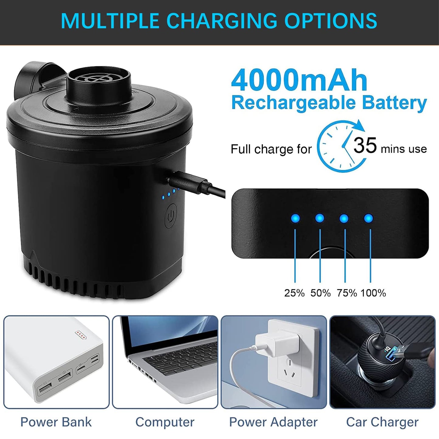 Electric Air Pump for Inflatables, 4000mAH Rechargeable Battery Powered Air Mattress Pump