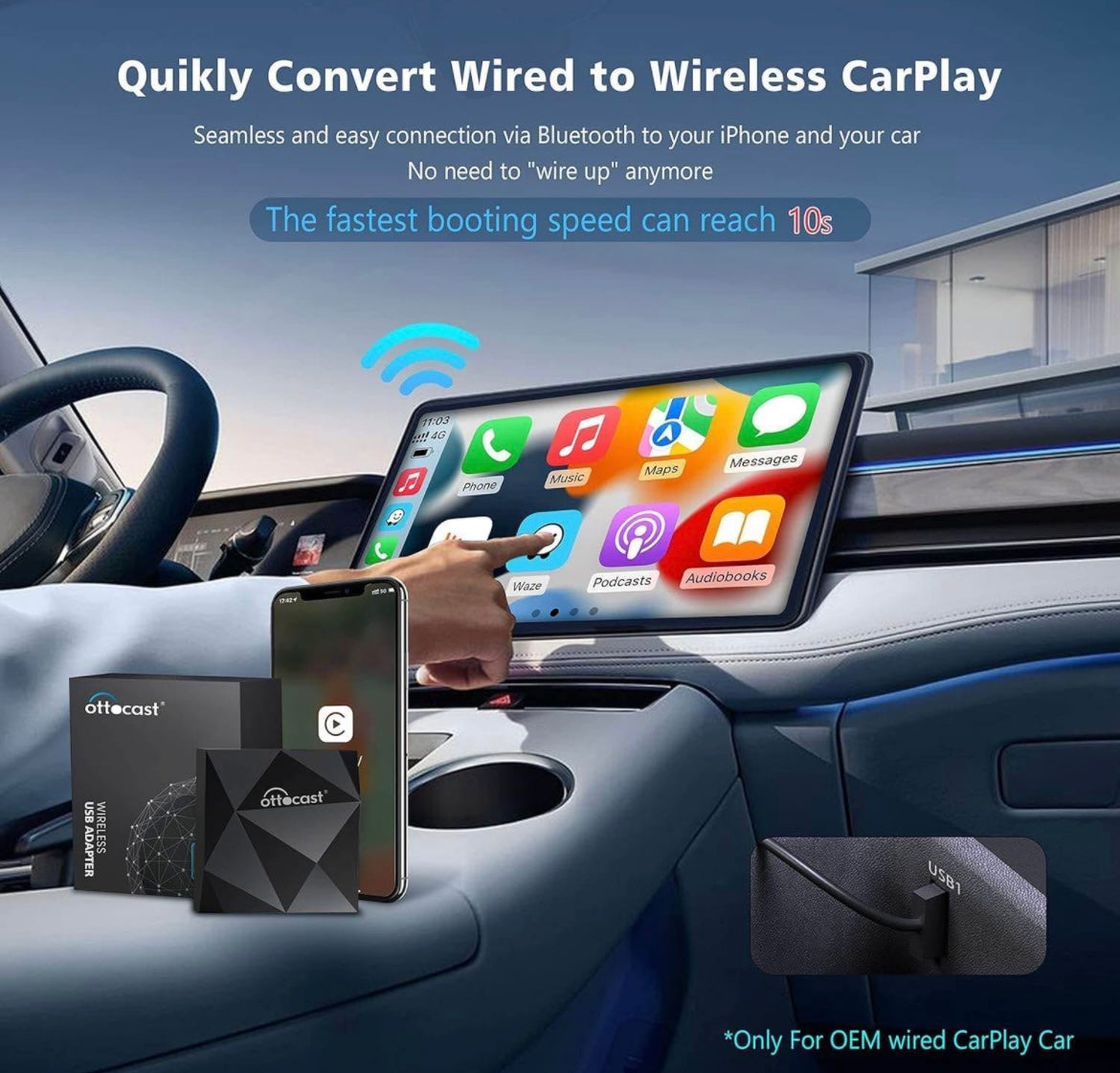 OTTOCAST U2-AIR Wireless CarPlay Adapter 2024 - Apple CarPlay Wireless Adapter