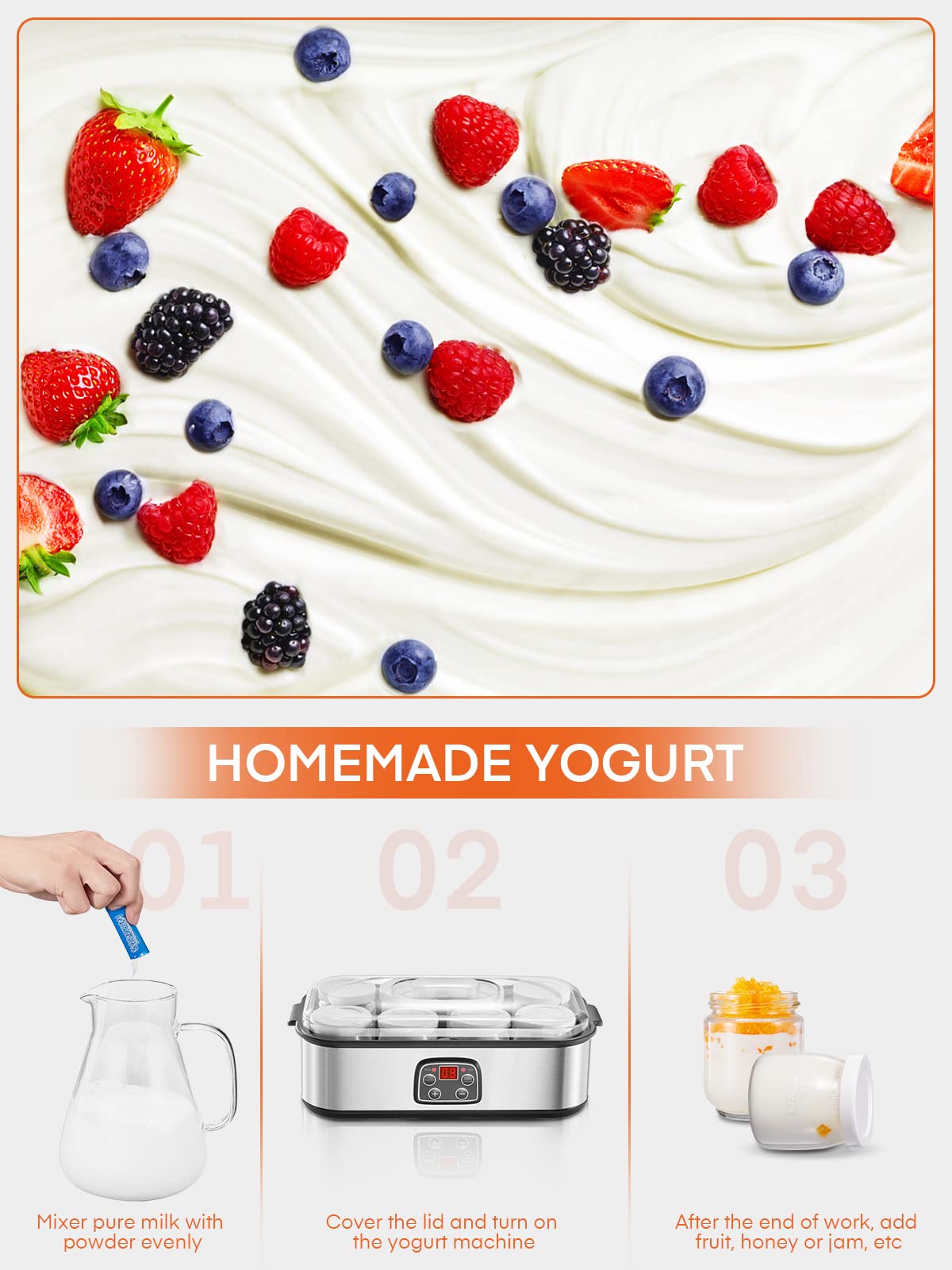 FOHERE 159B Yoghurt Maker, Greek Yoghurt Machine with 8 Jars/Lids