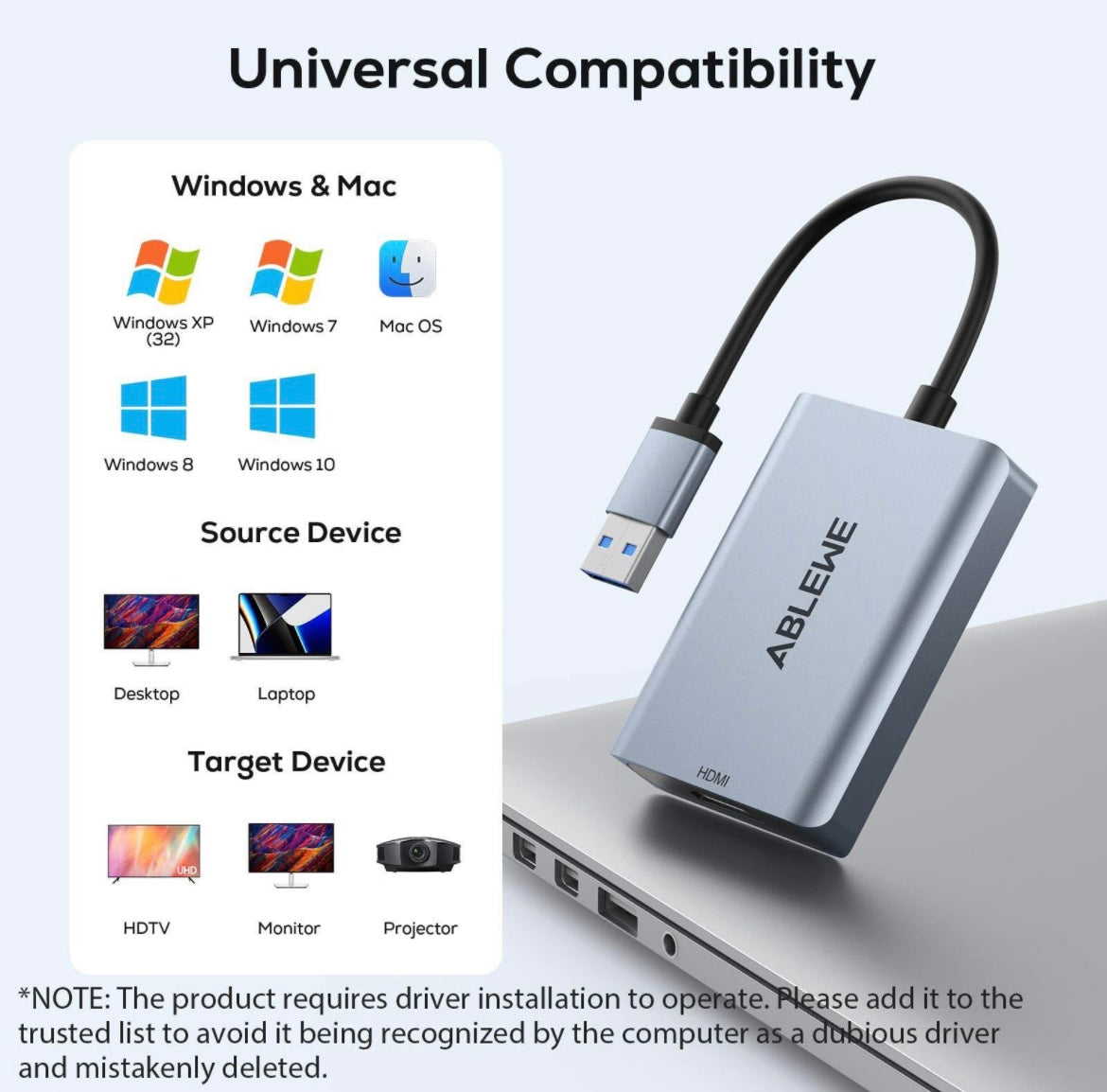 ABLEWE USB to HDMI Adapter, Upgraded Aluminum HDMI to USB 3.0