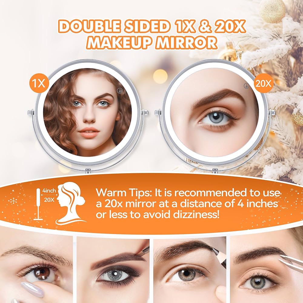 MAKEUP mirror, 20X magnifying mirror with light, double-sided makeup mirror