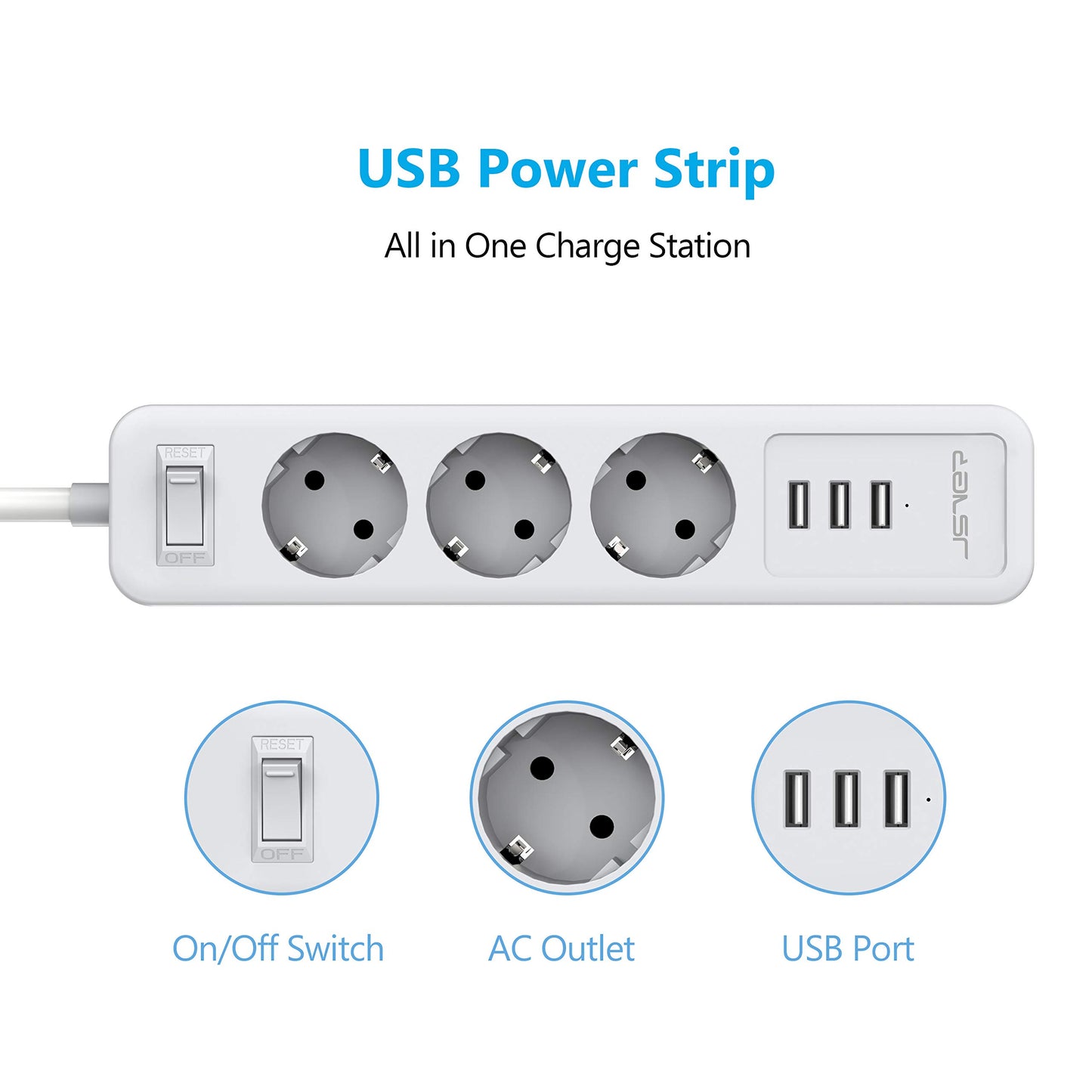 JSVER Power Strip 3 Compartments with 3 USB Charging Ports, Multiple Socket 5 m Wall Mounting Power