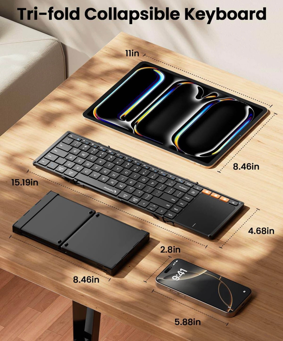 ProtoArc Foldable Keyboard with Touchpad, XK01 TP Folding Portable Keyboard, Full Size Keys