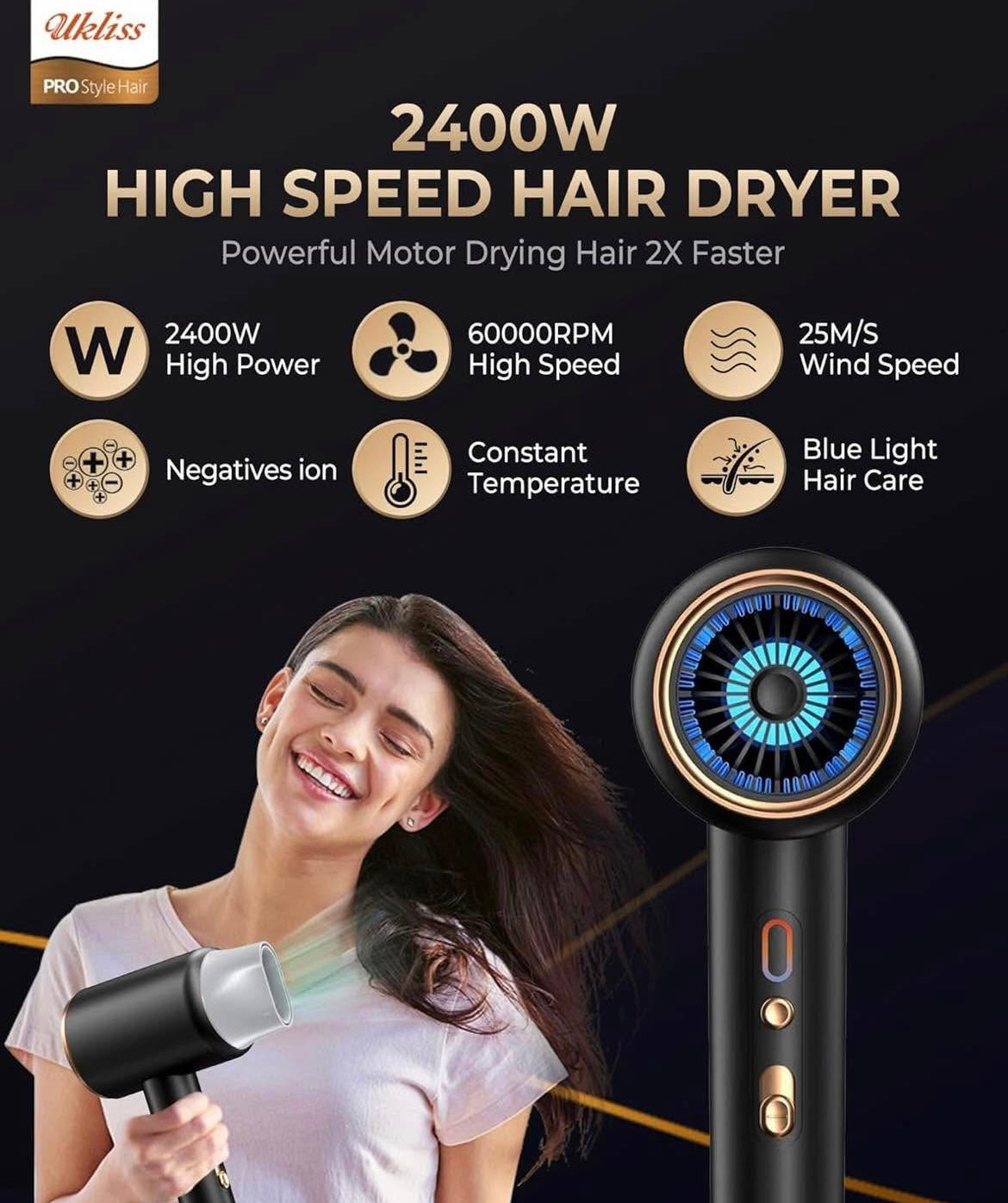 Ukliss Hair Dryer 2400W, Travel Hair Dryer with High Speed Motor 60000 RPM