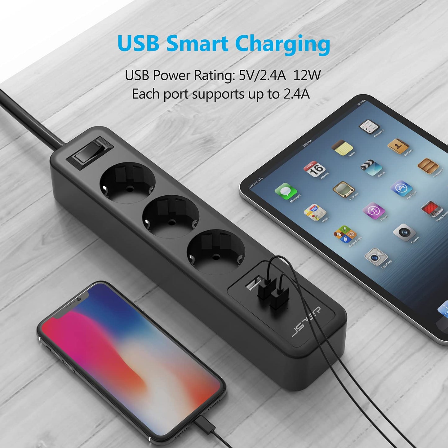 JSVER USB Power Strip 3 Sockets with 3 USB Ports Travel Charger (5V2.4A) 2M
