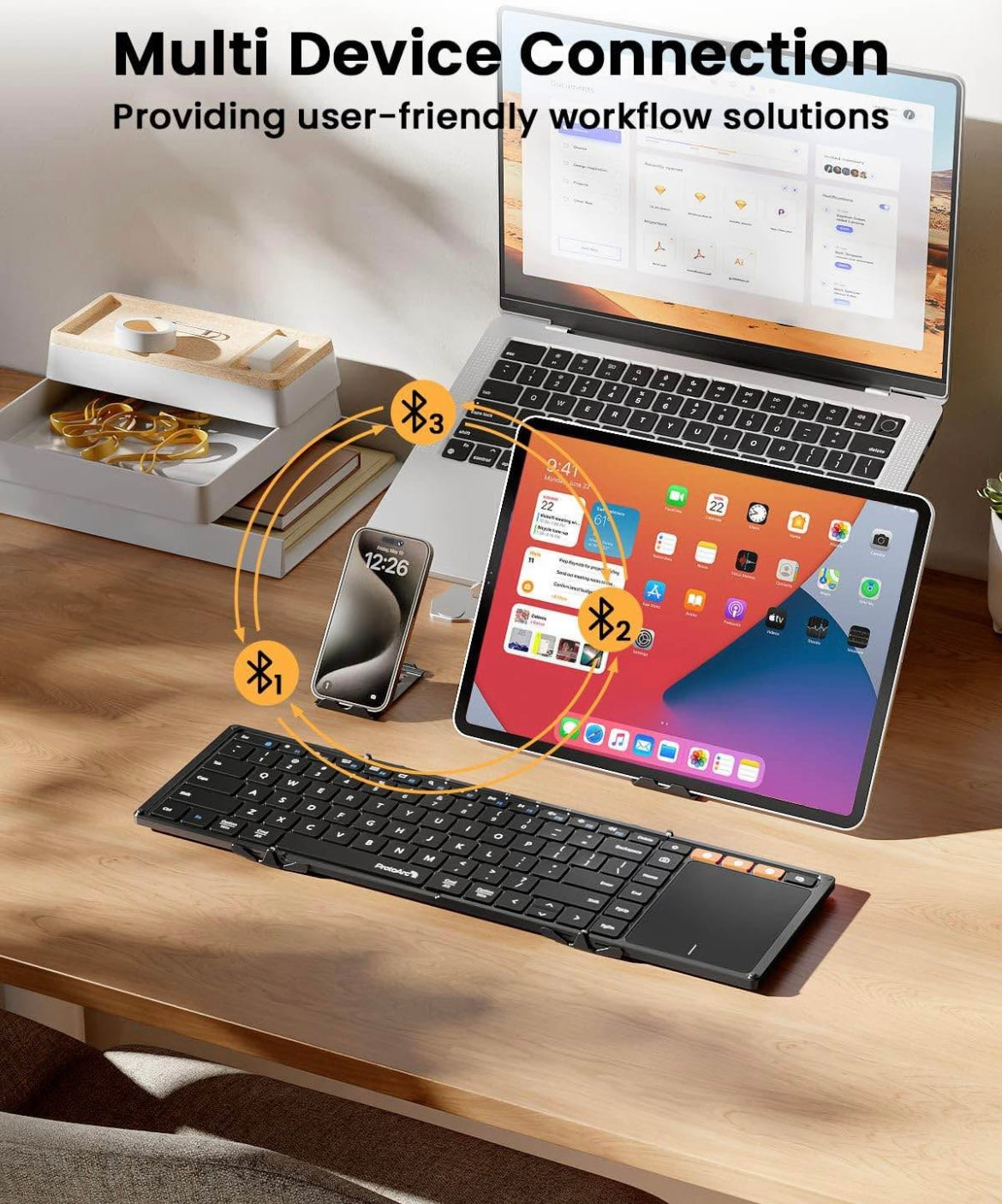ProtoArc Foldable Keyboard with Touchpad, XK01 TP Folding Portable Keyboard, Full Size Keys