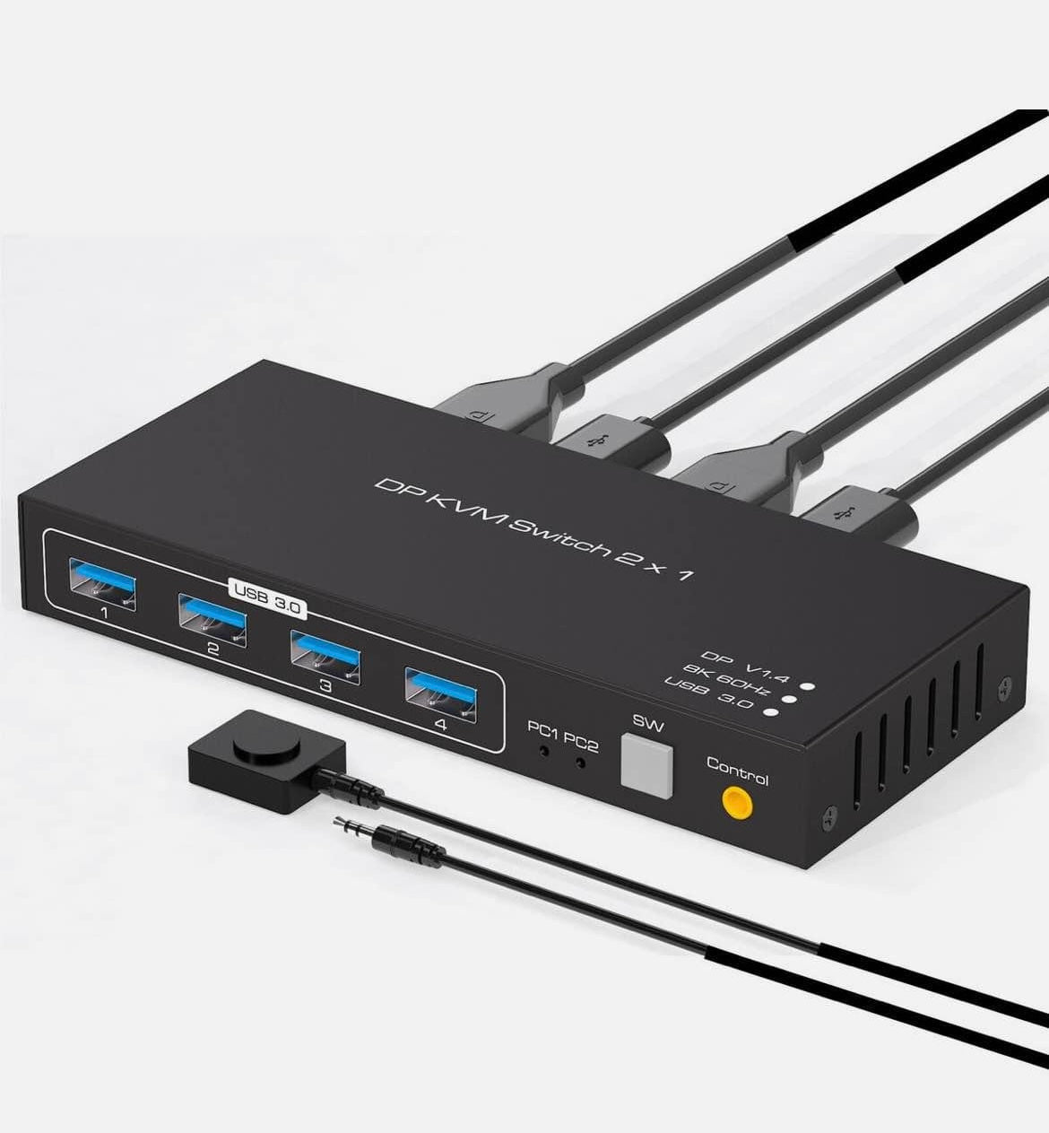 2x1 DP KVM Switch With USB Cable DC12V Power Adapter & External Switch Kit