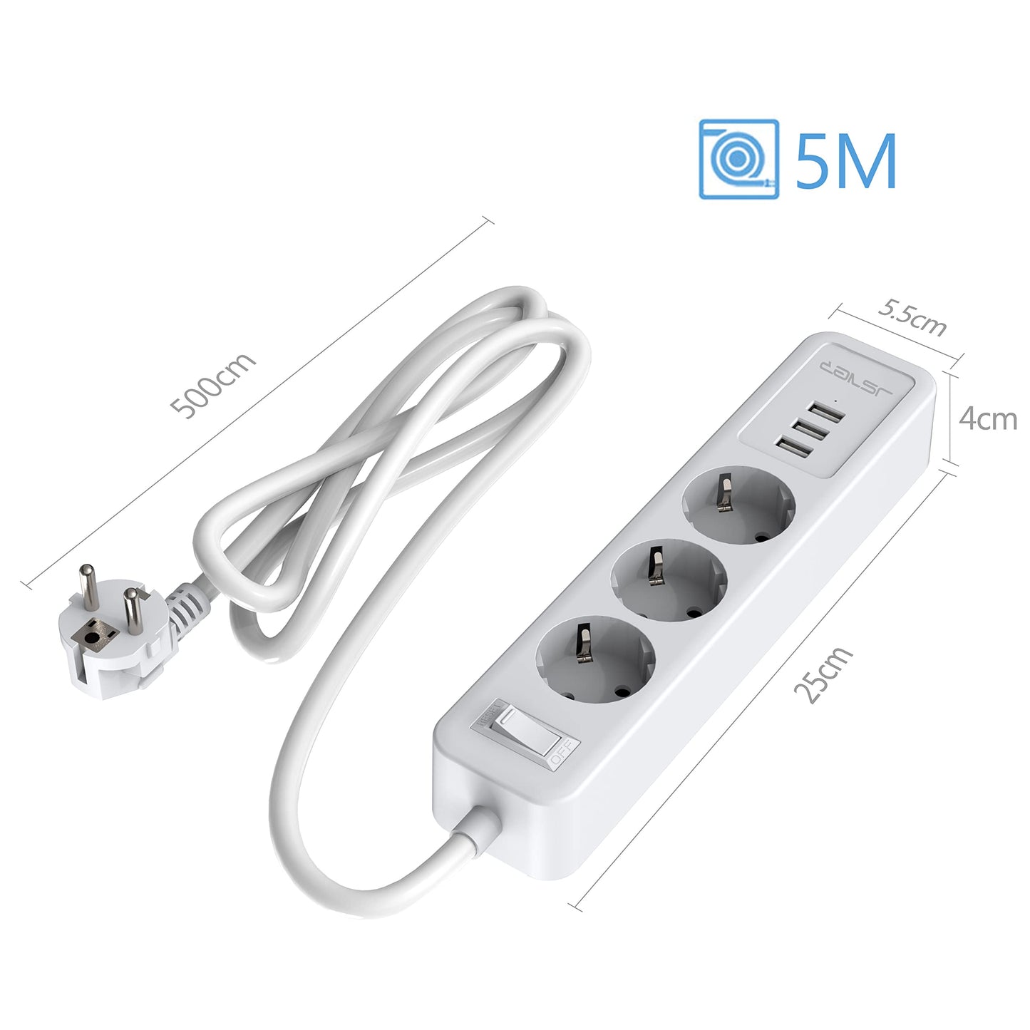 JSVER Power Strip 3 Compartments with 3 USB Charging Ports, Multiple Socket 5 m Wall Mounting Power