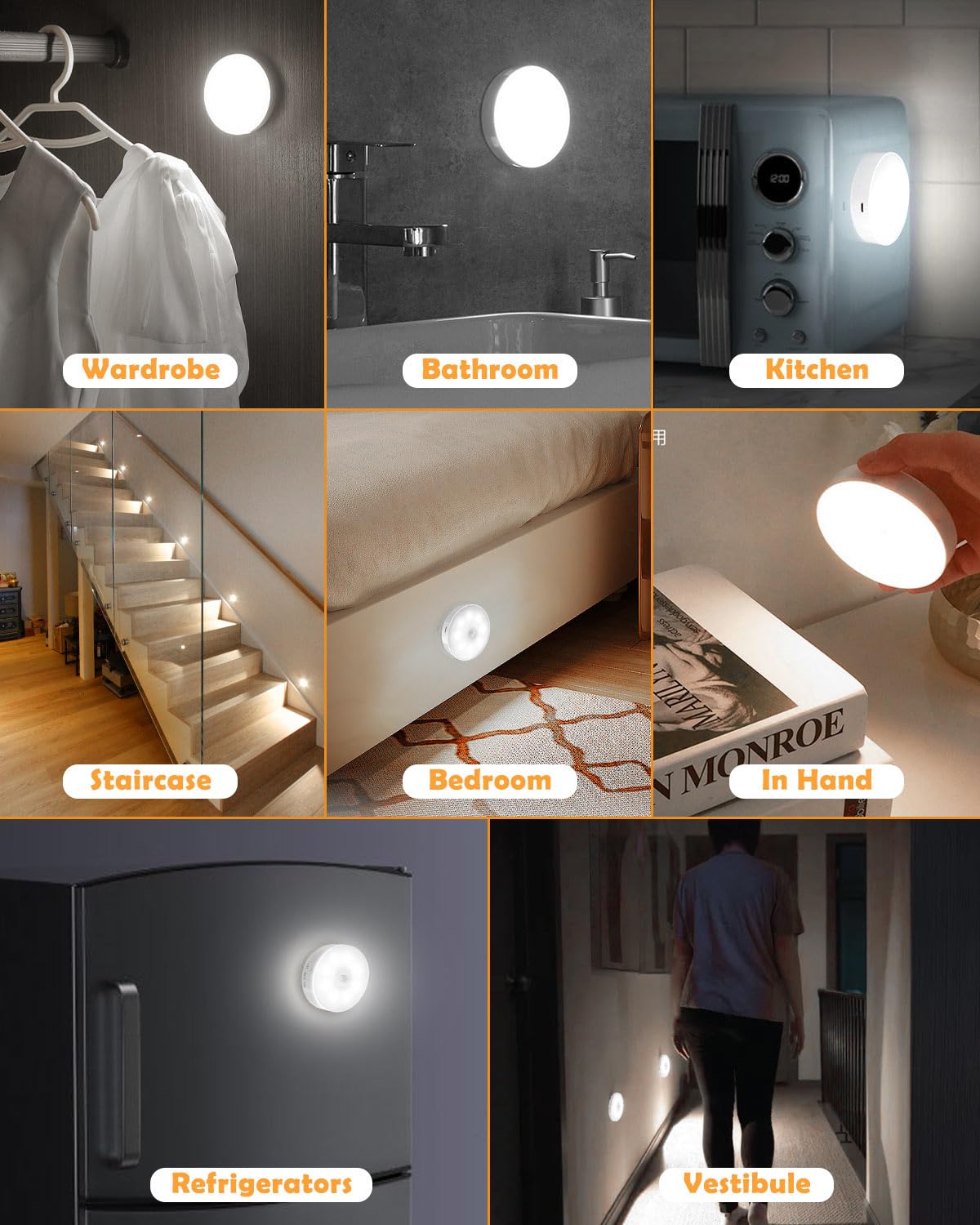 Motion Sensor Lights Indoor, 6 Pack Cupboard Light, Stair Lights Night Light, 3 Modes