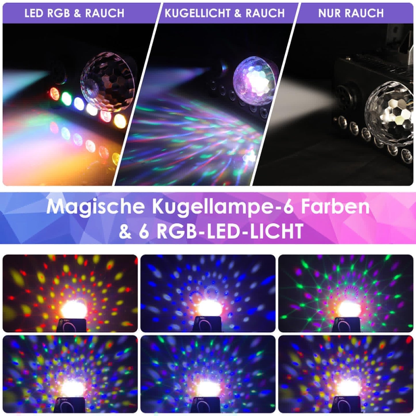 600W Smoke Machine, 6 LED RGB Effect Light Fog Machine with Disco Ball