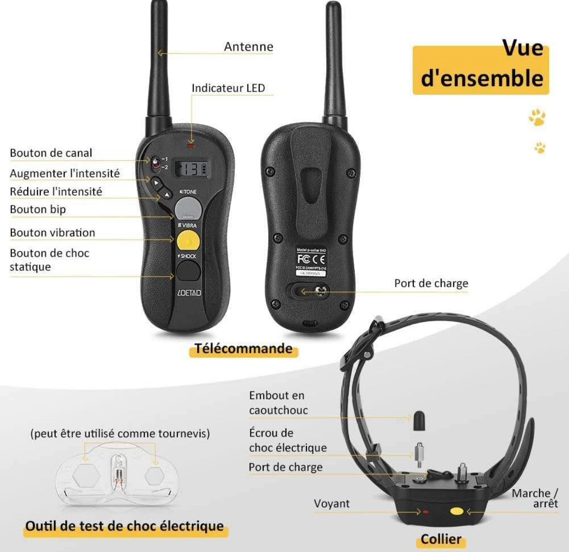 LOETAD Dog Training Collar, Rechargeable Electric Dog Collar, Remote Control 900 m, IPX7