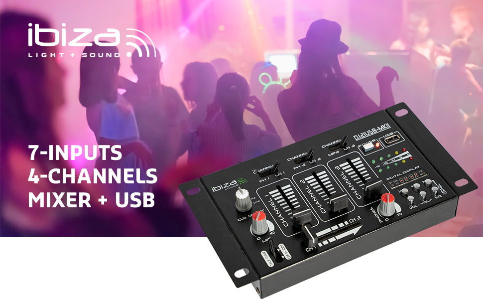 Ibiza - DJ21USB-MKII - 4-channel/7-channel mixer and various inputs - USB - Black