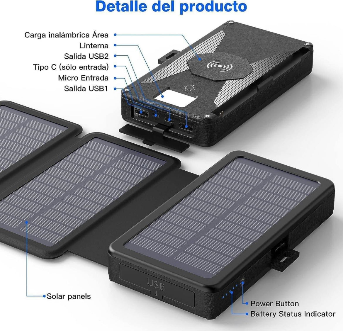 Bogseth Wireless Solar Power Bank 30000 mAh with 4 Solar Panels Solar Charger USB C