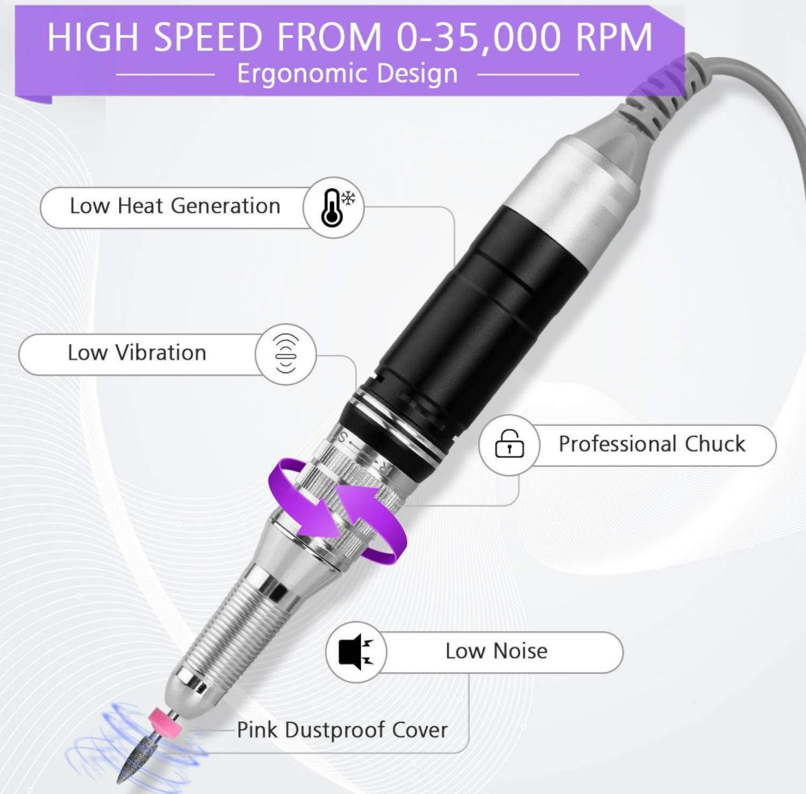 Electric Nail Drill 35000 rpm Rechargeable Professional Nail File Manicure Pedicure