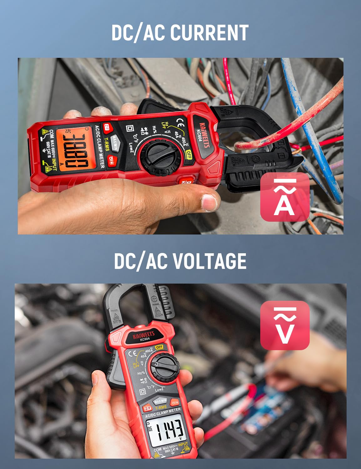KAIWEETS Clamp Meter DC/AC current, Amp Meter Auto-ranging with D-Shaped Jaw, Clamp Multimeter Flash