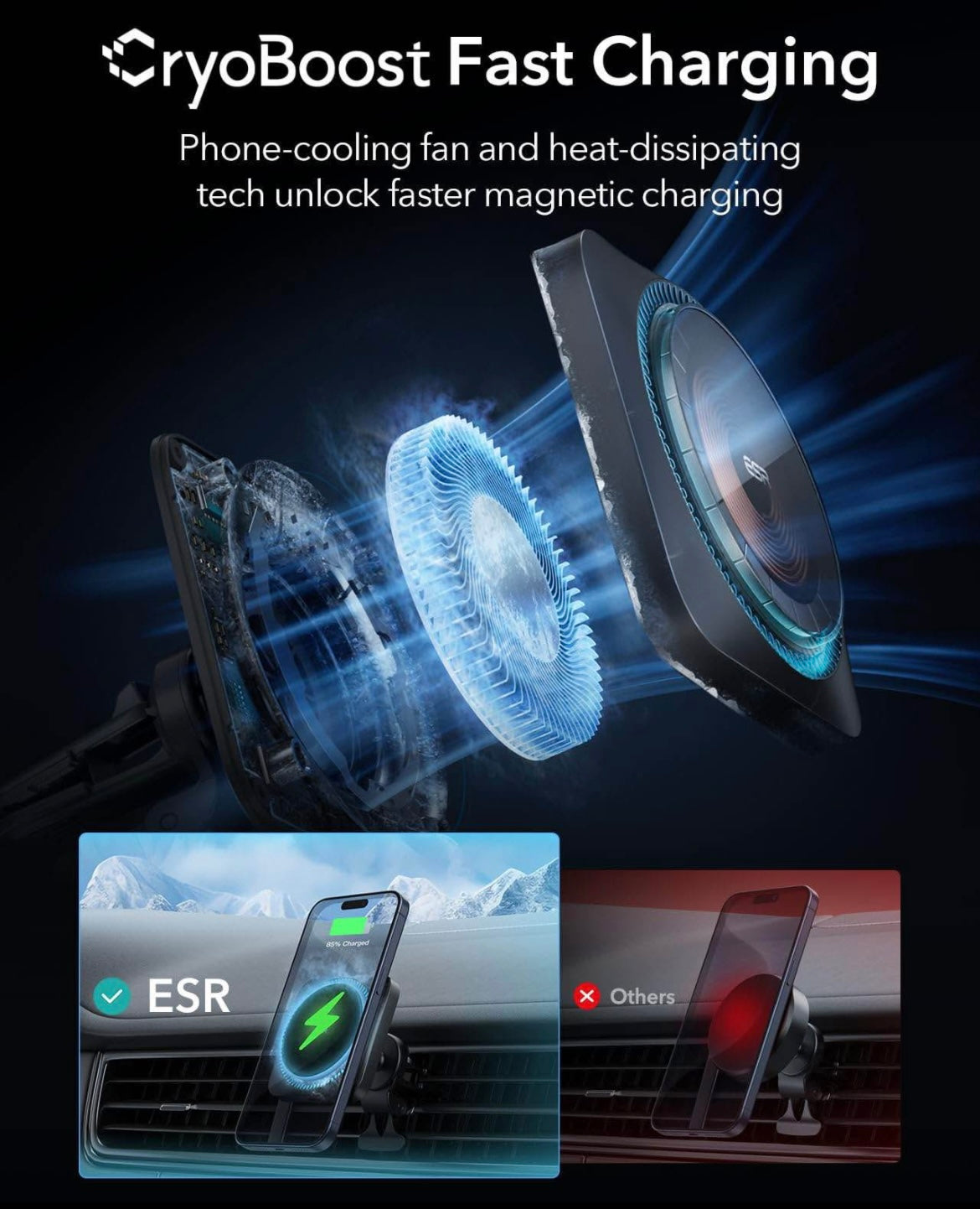 ESR for MagSafe Car Mount Charger with CryoBoost, Phone Cooling MagSafe Car Charger