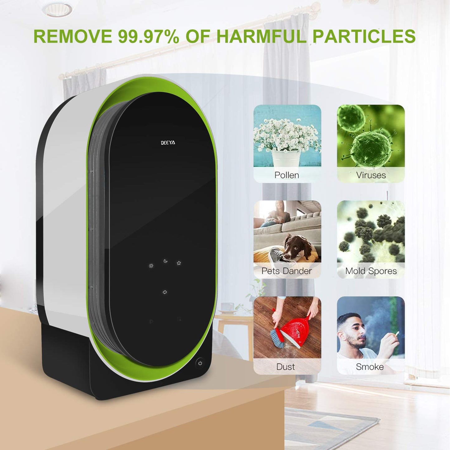 DEEYA Air purifier for allergy sufferers, smokers, dust and pollen, odours, animal hair for home, smoke chamber