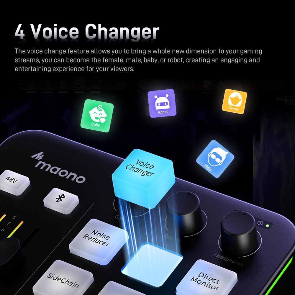 MAONO G1 NEO Gaming Audio Mixer, Audio Interface with Pro-preamp, RGB, Bluetooth, 48V Phantom Power