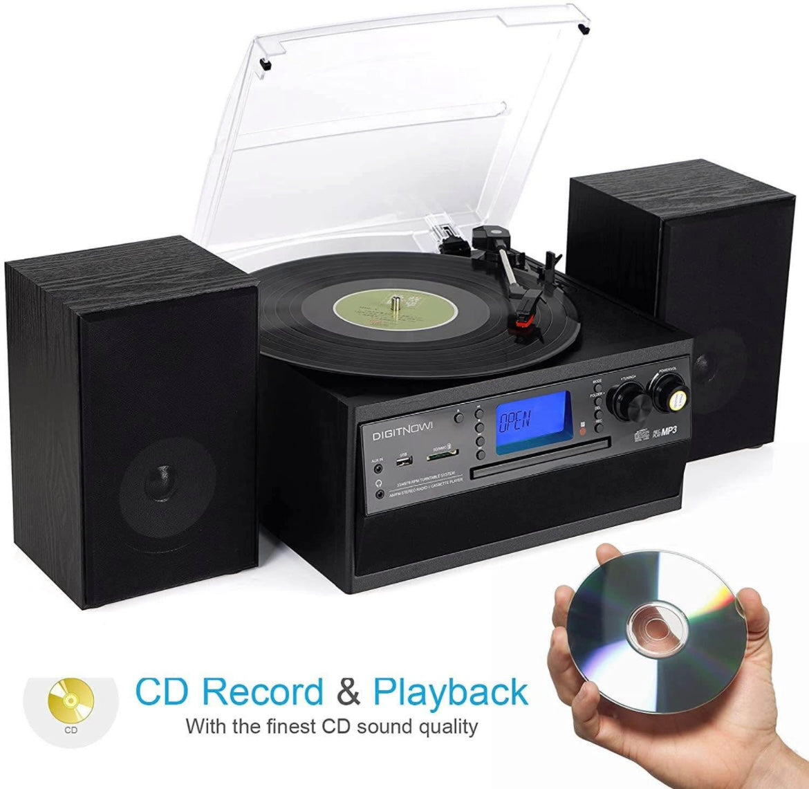 DIGITNOW Bluetooth Record Player Turntable with Stereo Speaker, LP Vinyl to MP3 Converter with CD