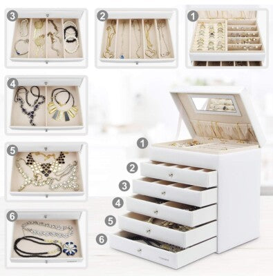 6 Tier Large Jewellery Box for Women - Big Jewelry Organiser with Mirror 24.5cm x 17.5cm x 28cm