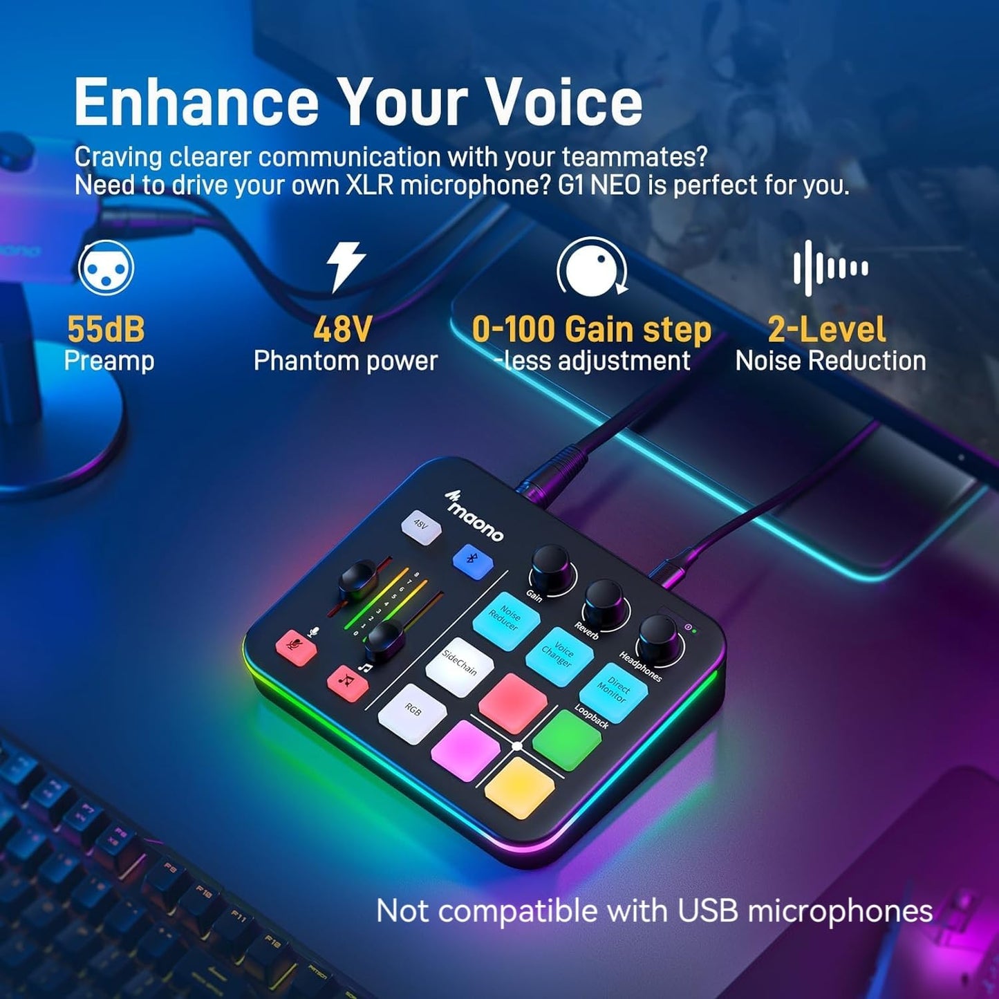 MAONO G1 NEO Gaming Audio Mixer, Audio Interface with Pro-preamp, RGB, Bluetooth, 48V Phantom Power