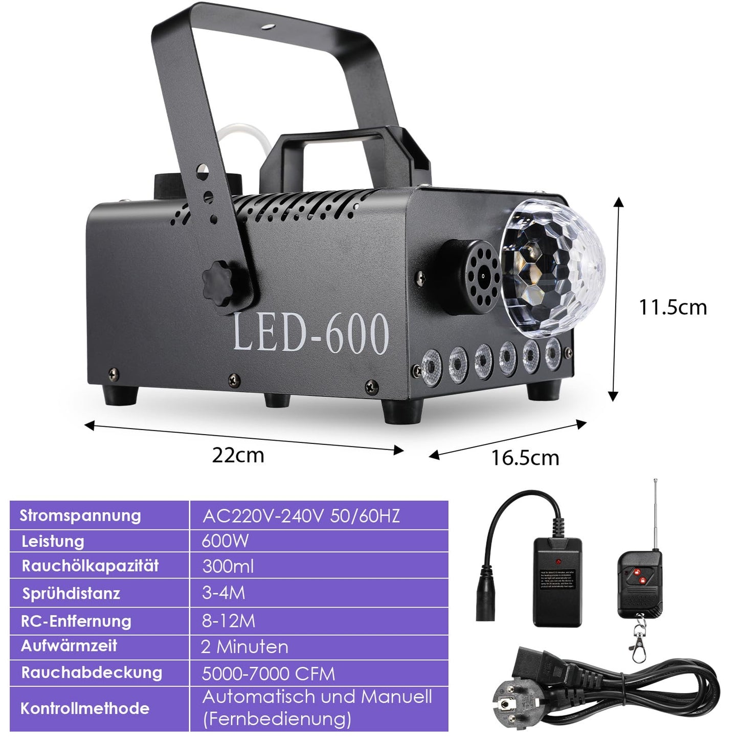 600W Smoke Machine, 6 LED RGB Effect Light Fog Machine with Disco Ball