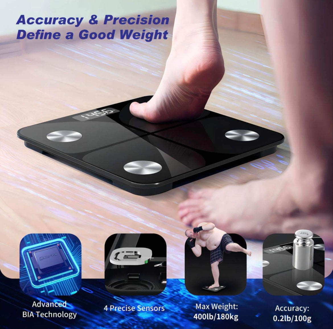 Body Fat Scale, Personal Scale, Digital Scale, 26 x 26 cm, Digital Body Scales with App 180 kg / 400