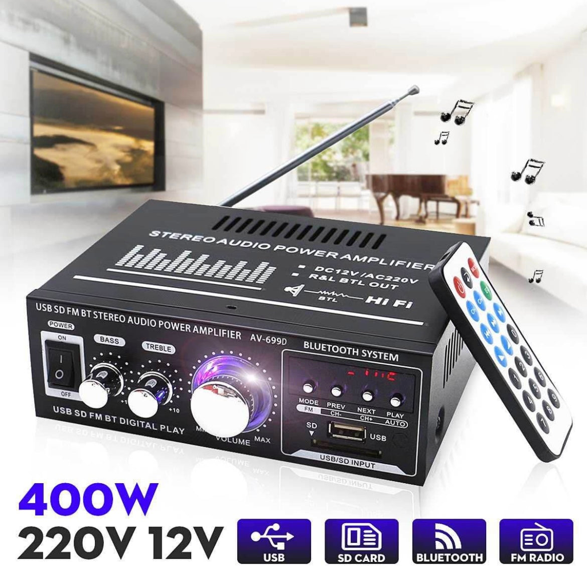 400W 2 CH bluetooth Car HiFi Stereo Amplifier