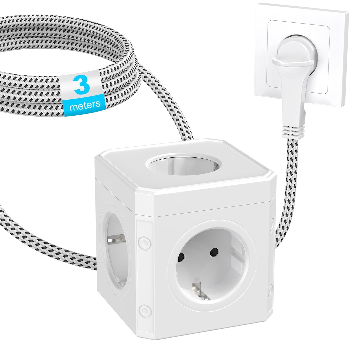 Multiple Power Strip, 5-Way Power Strip, Multiple Sockets with Flat Plug, 3 m Cable, White