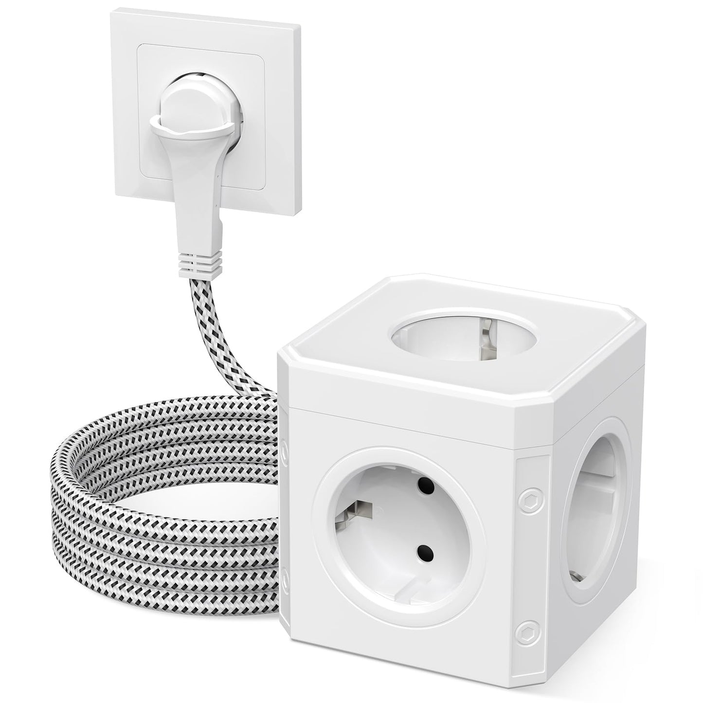 Multiple Power Strip, 5-Way Power Strip, Multiple Sockets with Flat Plug, 3 m Cable, White