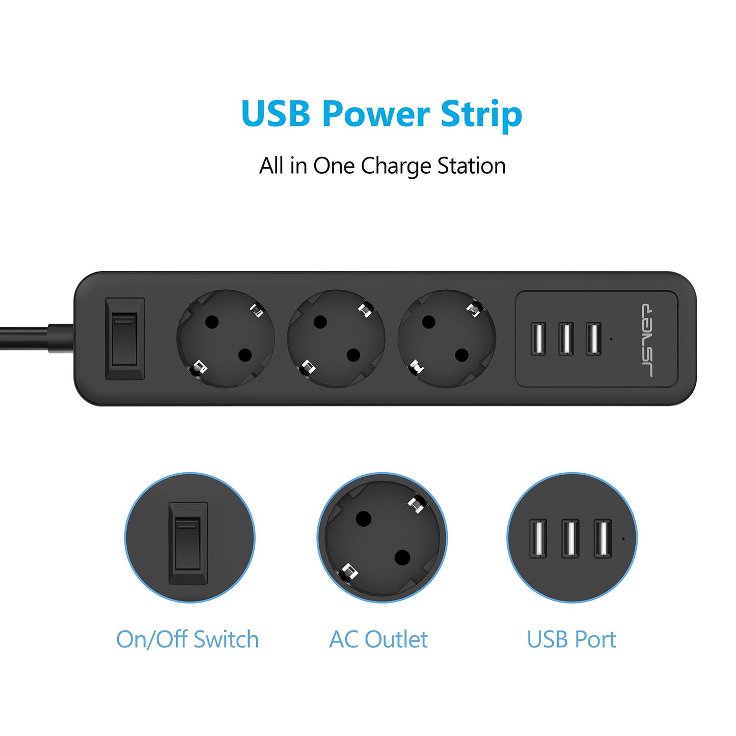 JSVER USB Power Strip 3 Sockets with 3 USB Ports Travel Charger (5V2.4A) 2M