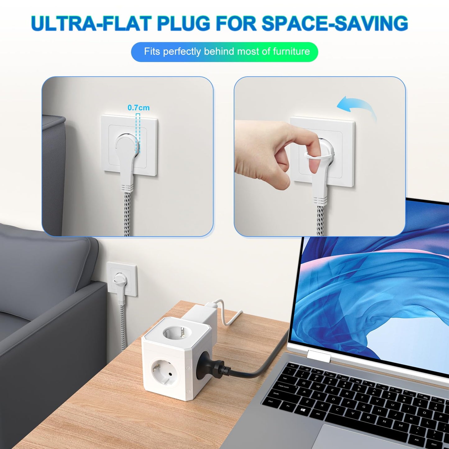 Multiple Power Strip, 5-Way Power Strip, Multiple Sockets with Flat Plug, 3 m Cable, White