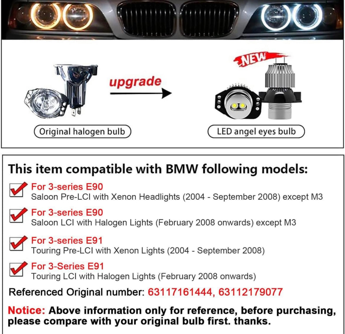 WinPower 12W LED Angel Eyes Kit Headlight Halo ring marker Bulbs Position lights 6000K Xenon
