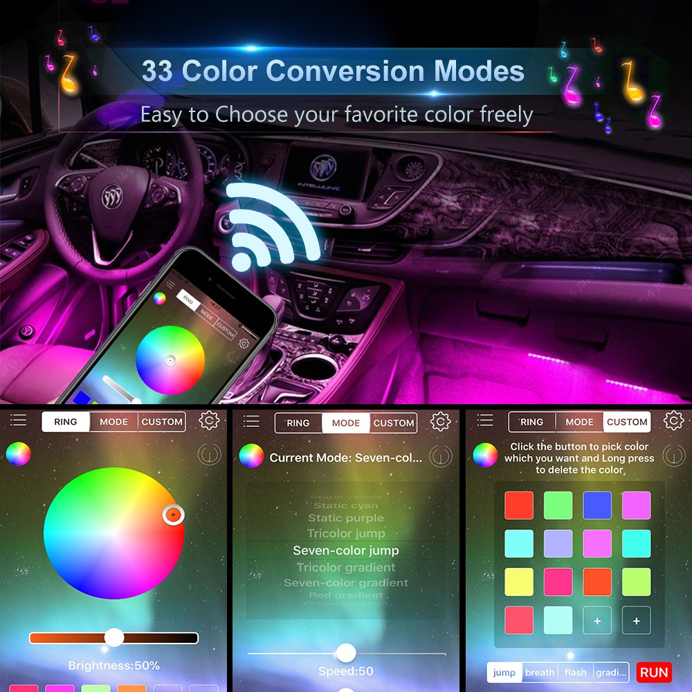 wsiiroon Car LED Strip Light, Newest Style App Controller Car Interior Lights