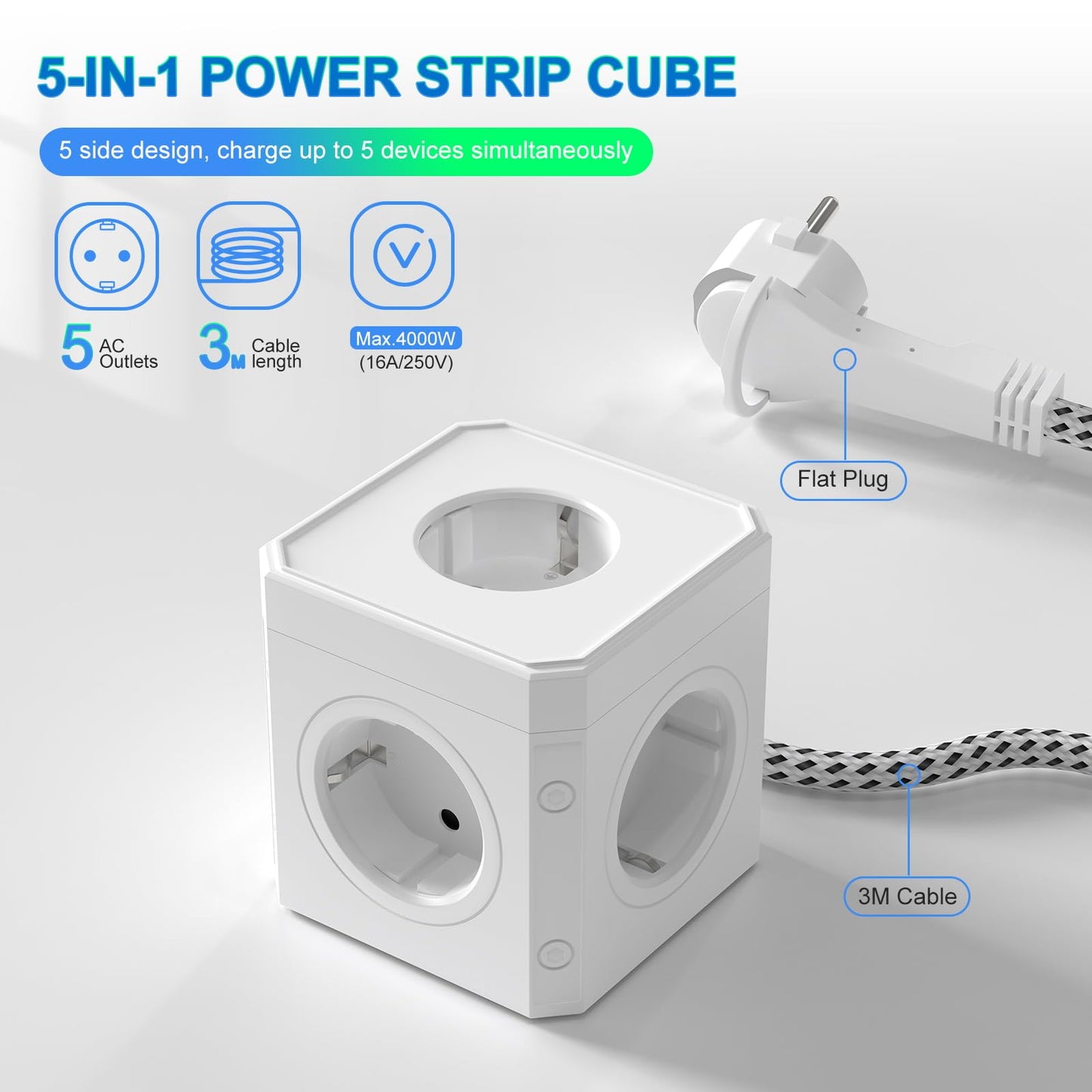 Multiple Power Strip, 5-Way Power Strip, Multiple Sockets with Flat Plug, 3 m Cable, White