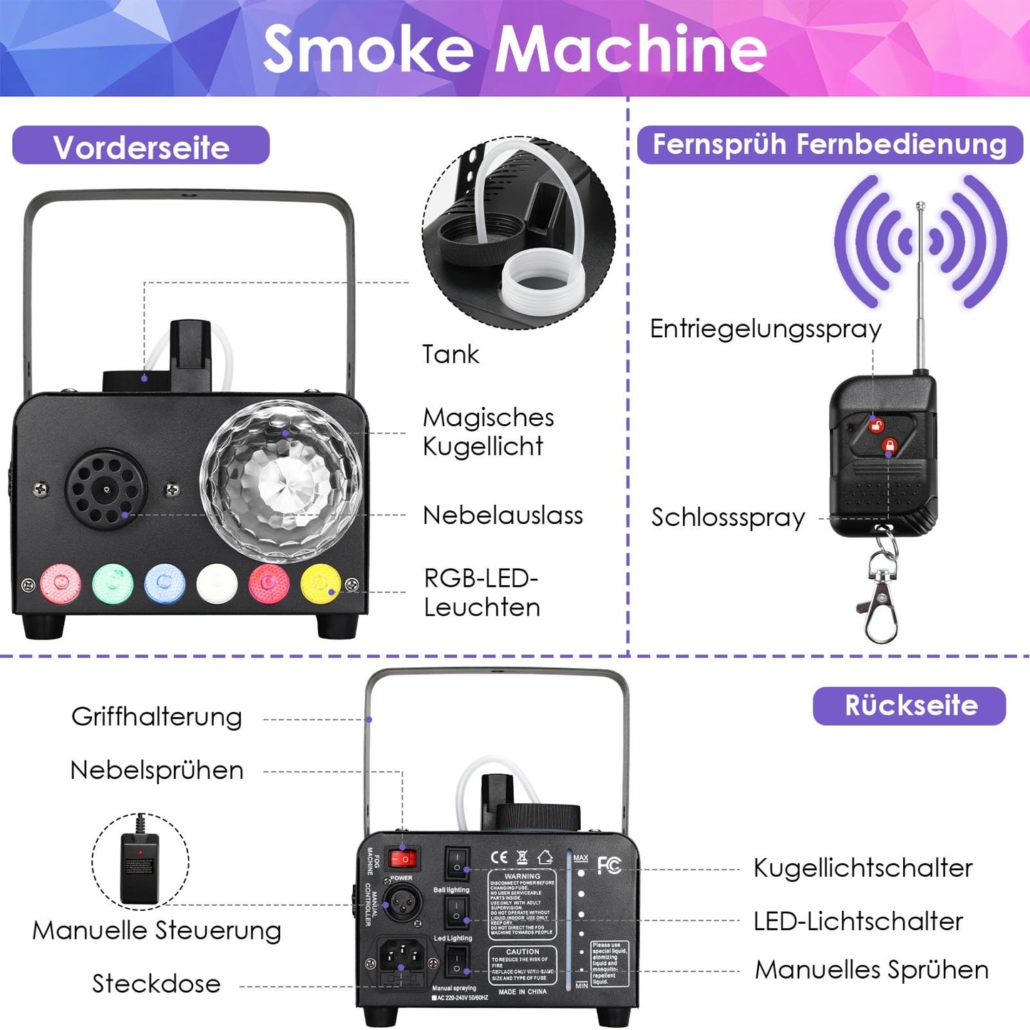 600W Smoke Machine, 6 LED RGB Effect Light Fog Machine with Disco Ball