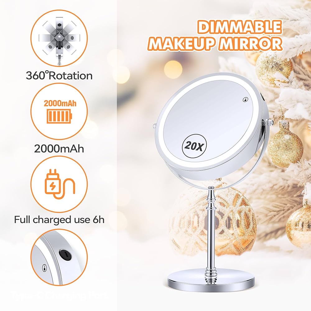 MAKEUP mirror, 20X magnifying mirror with light, double-sided makeup mirror