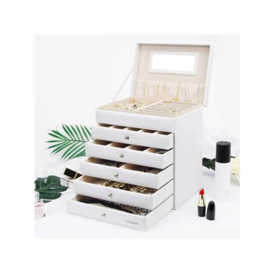 6 Tier Large Jewellery Box for Women - Big Jewelry Organiser with Mirror 24.5cm x 17.5cm x 28cm
